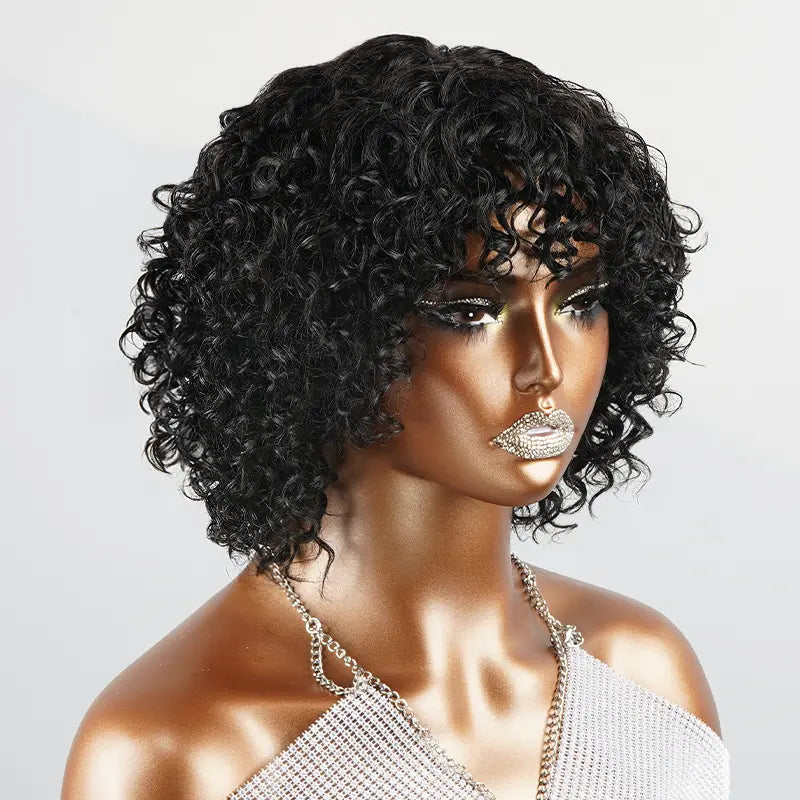 Glueless Natural Playful Curls Short Bob Wig With Curly Bangs