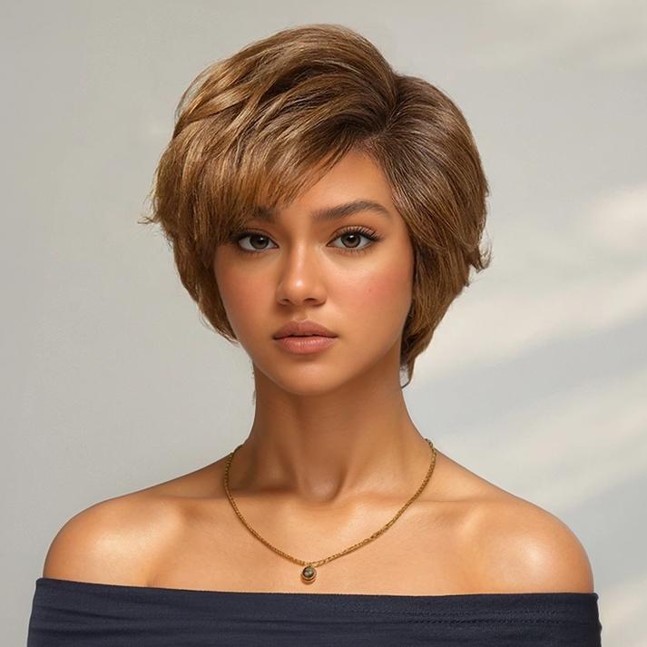 Glueless Layered Tangle Free Honey Blonde Color 7x4 Pixie Cut Wig
