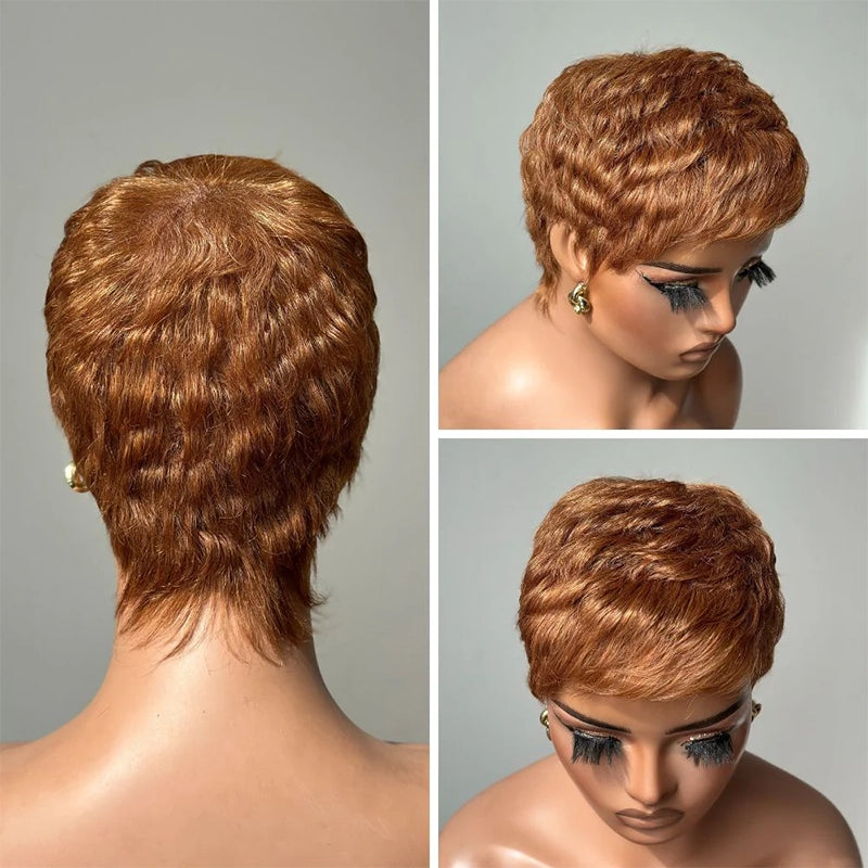 Peluca de corte pixie Peluca de máquina completa de cabello humano ondulado