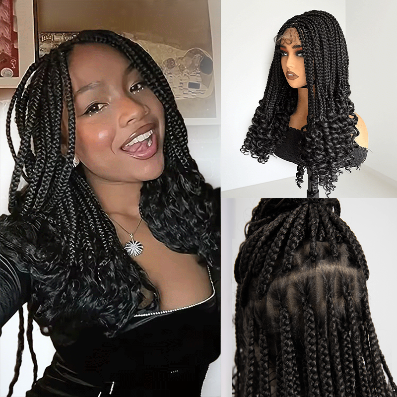 Afro Full Lace Synthetic Braided Wig Curly Ends With Baby Hair and 300% Density