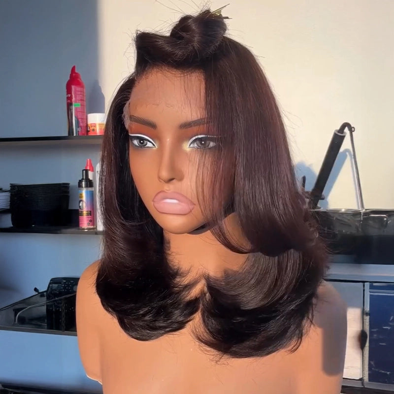 Glueless 13x4 Side Part Layered Black/Brown Wavy Mid-Length Wig