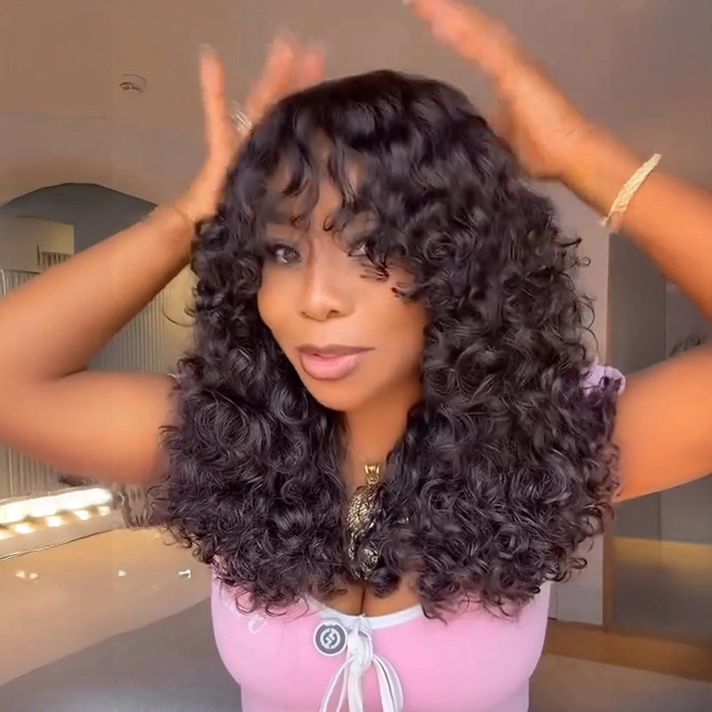 Glueless Beginner-Friendly 4x4 Wear Go Bangs Bob Curly Wig 250% Density