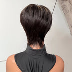 Retro Pixie Wig 100% Human Hair Black Straight Bangs Drawn Sideburns Highlights