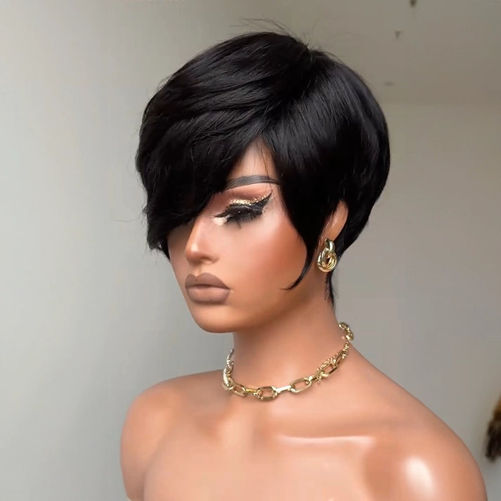 Short Layered Glueless Pixie Wig with Asymmetrical Side Bangs