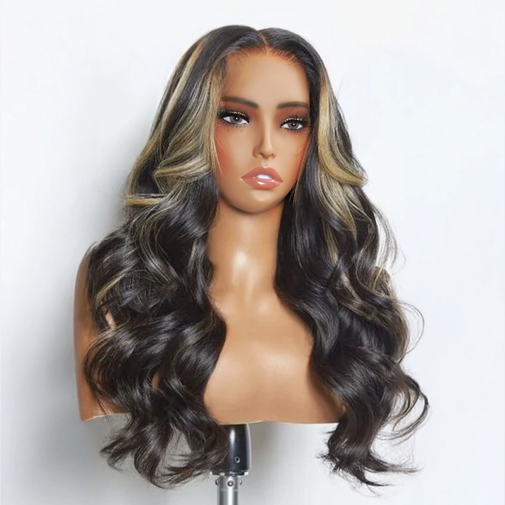 5x5 Glueless Knotless Blonde Highlight Body Wave Wig With Adjustable Cap