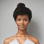 black woman wear 13x4 Glueless Kinky Edges Wig Kinky Curly Frontal Wig 2 Styles