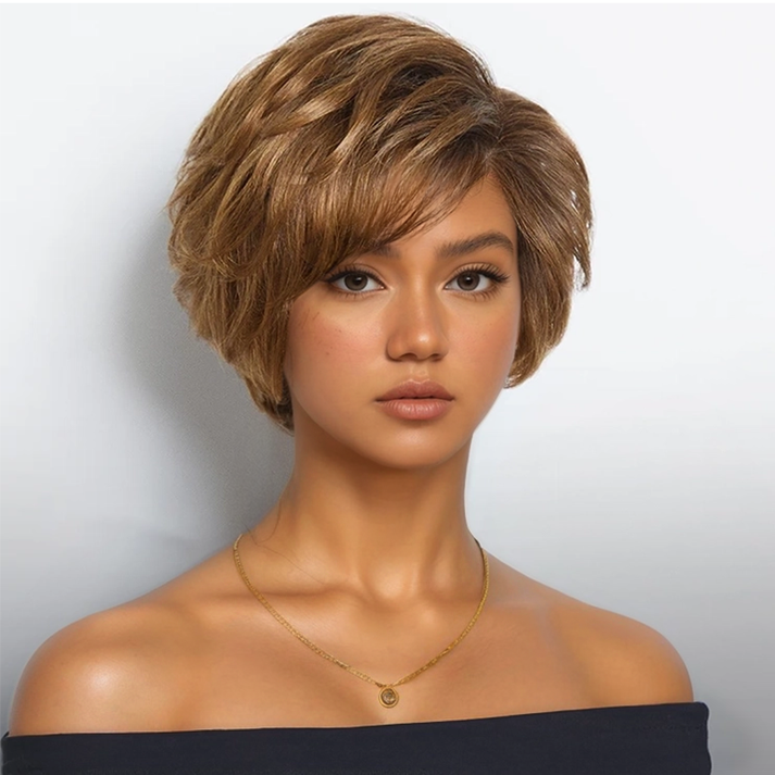 Glueless Layered Tangle Free Honey Blonde Color 7x4 Pixie Cut Wig