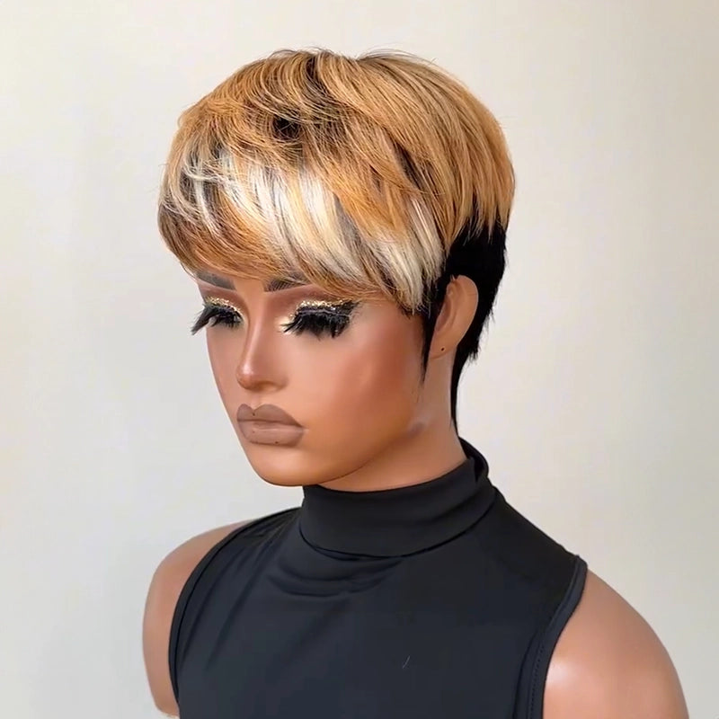 Two Tone Pixie Wig Light Brown White Glueless Wig Straight Bangs Sculpted Sideburns