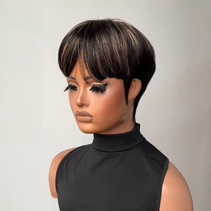Retro Pixie Wig 100% Human Hair Black Straight Bangs Drawn Sideburns Highlights