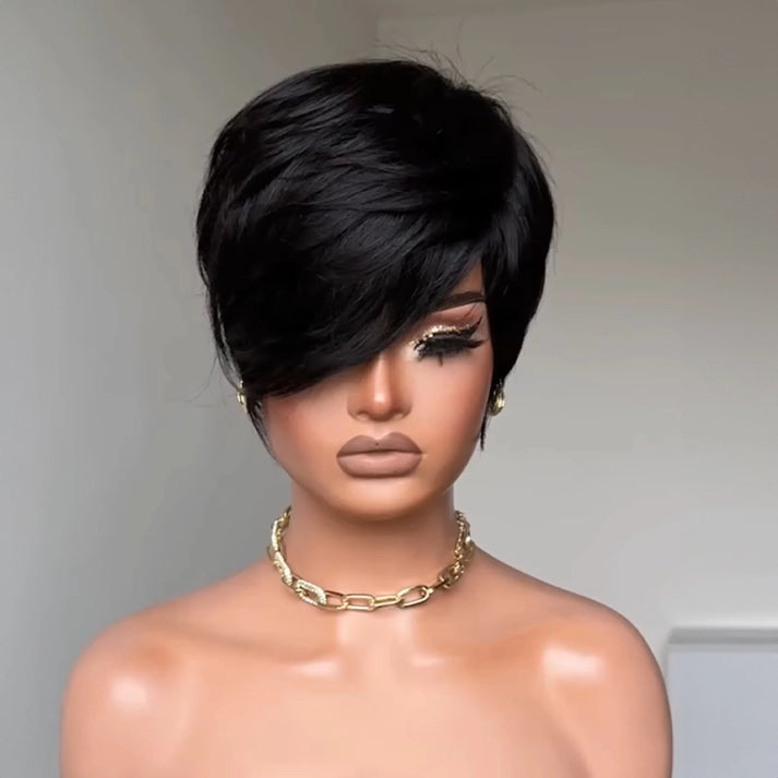 Short Layered Glueless Pixie Wig with Asymmetrical Side Bangs