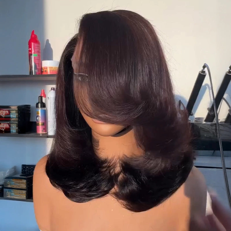 Glueless 13x4 Side Part Layered Black/Brown Wavy Mid-Length Wig