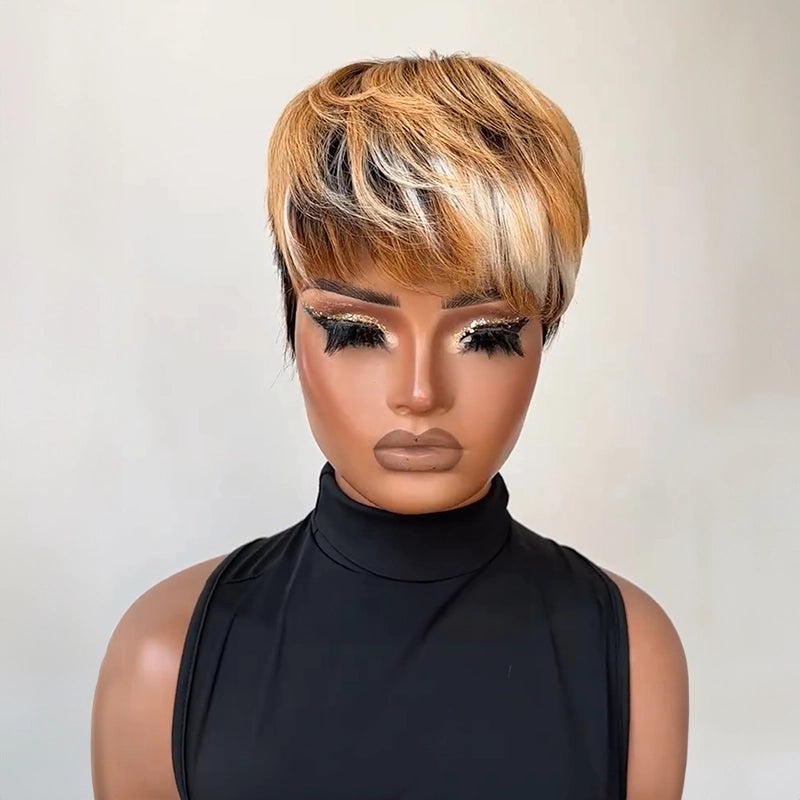Two Tone Pixie Wig Light Brown White Glueless Wig Straight Bangs Sculpted Sideburns