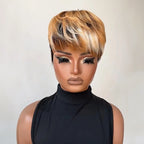 Two Tone Pixie Wig Light Brown White Glueless Wig Straight Bangs Sculpted Sideburns