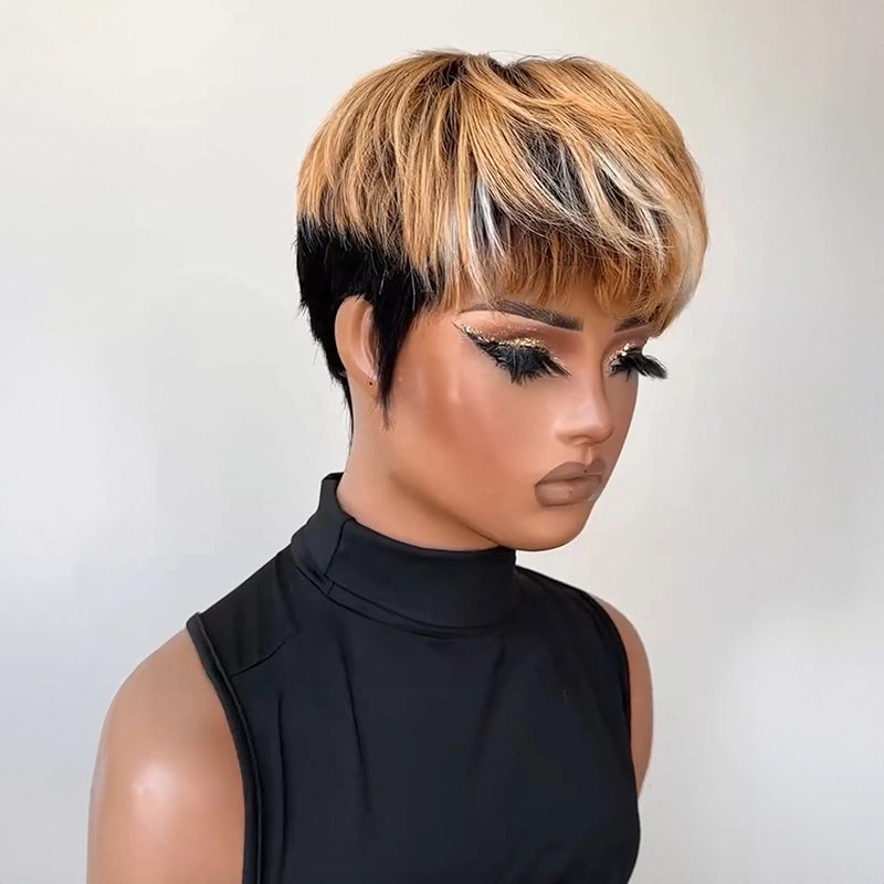 Two Tone Pixie Wig Light Brown White Glueless Wig Straight Bangs Sculpted Sideburns