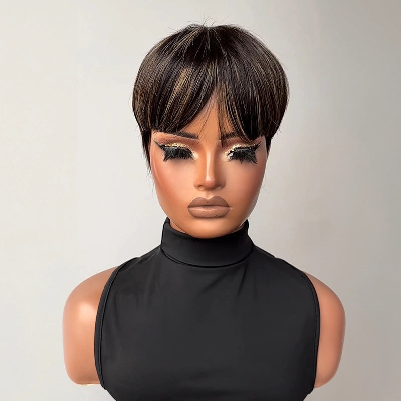 Retro Pixie Wig 100% Human Hair Black Straight Bangs Drawn Sideburns Highlights
