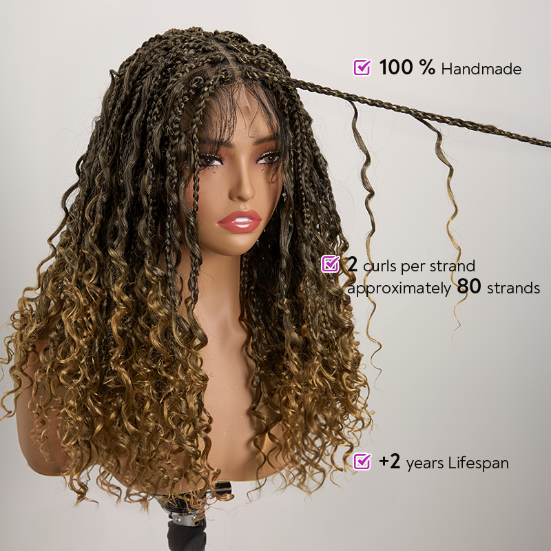 Bohemian Full Lace Braided Wig Honey Blonde Ombre with Baby Hair Synthetic 300% Density