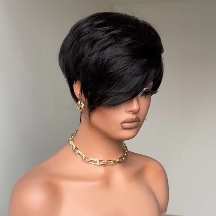 Short Layered Glueless Pixie Wig with Asymmetrical Side Bangs