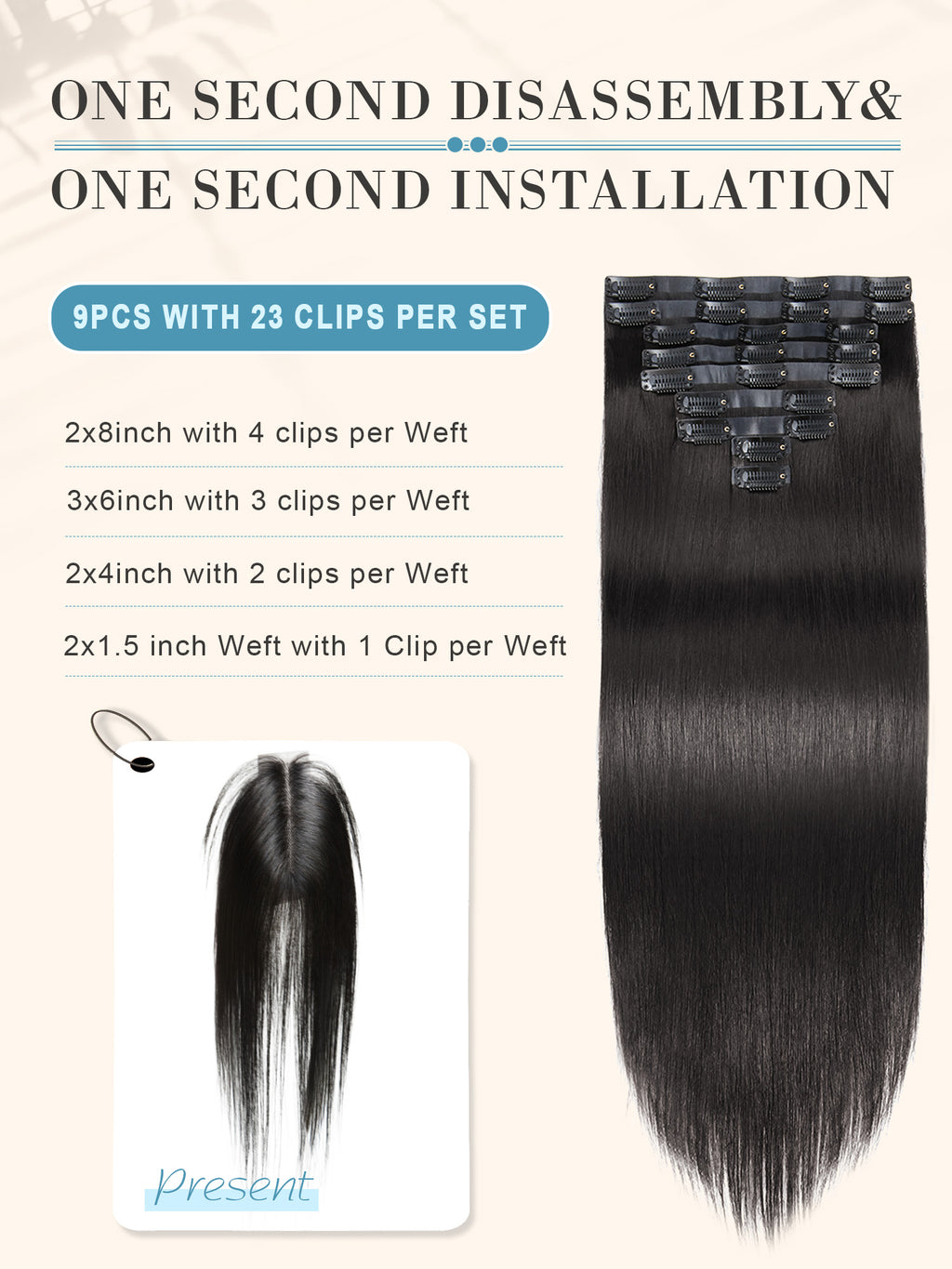 Clip in Hair Extensions Real Human Hair Remy Human Hair 125g 9Pcs Natural Black