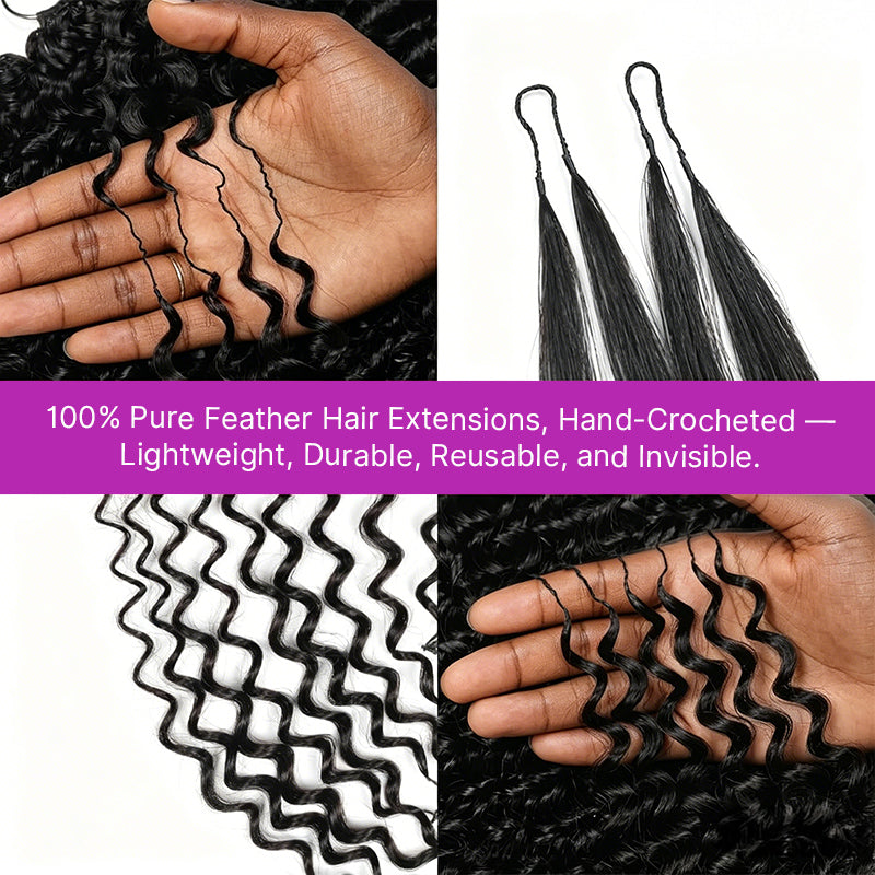 Natural Black Kinky Curly Crochet Hair Extensions Silky Feathered Effect Tangle Free