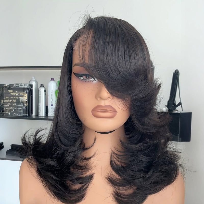 Glueless 13x4 Side Part Layered Black/Brown Wavy Mid-Length Wig