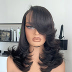 Glueless 13x4 Side Part Layered Black/Brown Wavy Mid-Length Wig