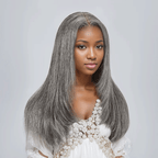 black woman wear 7x5 Glueless Sleek Salt & Pepper Color Straight Wig