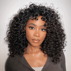 black woman wear Glueless Bob Wig With Bangs Water Curly Textured Human Hair