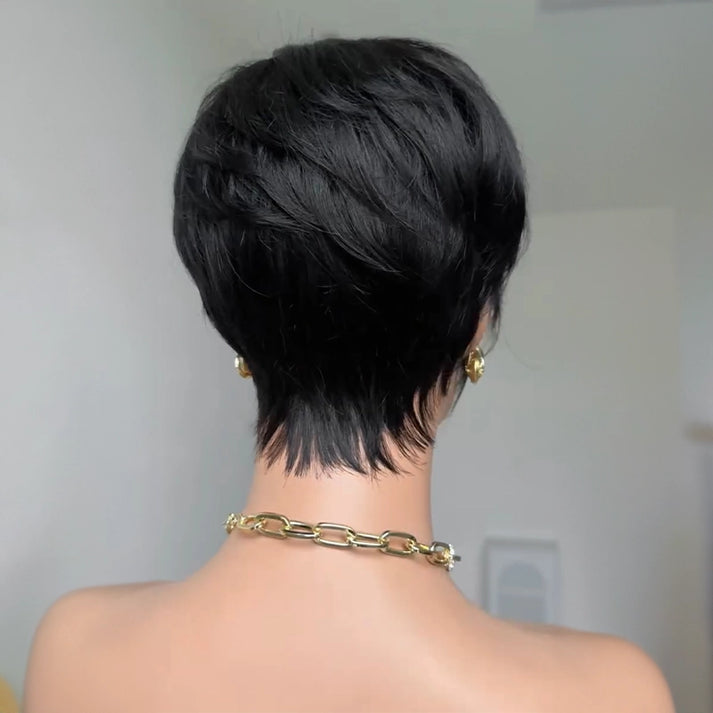 Short Layered Glueless Pixie Wig with Asymmetrical Side Bangs