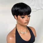 Vintage Chic Pixie Cut with Natural Hair Full Bangs Drawn Sideburns