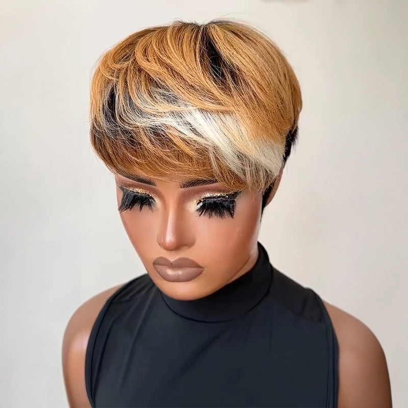 Two Tone Pixie Wig Light Brown White Glueless Wig Straight Bangs Sculpted Sideburns