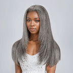 black woman wear 7x5 Glueless Sleek Salt & Pepper Color Straight Wig
