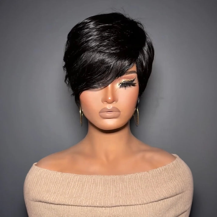 Short Layered Glueless Pixie Wig with Asymmetrical Side Bangs