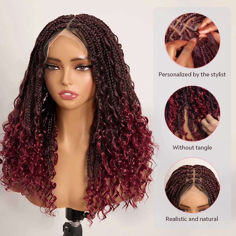 Bohemian Full Lace Braided Wig 99J Ombre with Baby Hair Synthetic 300% Density