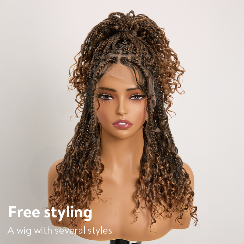 Bohemian Full Lace Braided Wig Brown Ombre with Baby Hair Synthetic 300% Density
