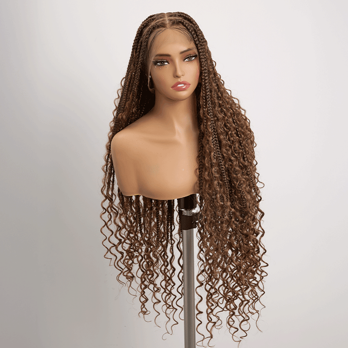 36 Inch Chocolate Brown Bohemian Braided Full Lace Wig With Baby Hair Premium Synthetic 300% Density