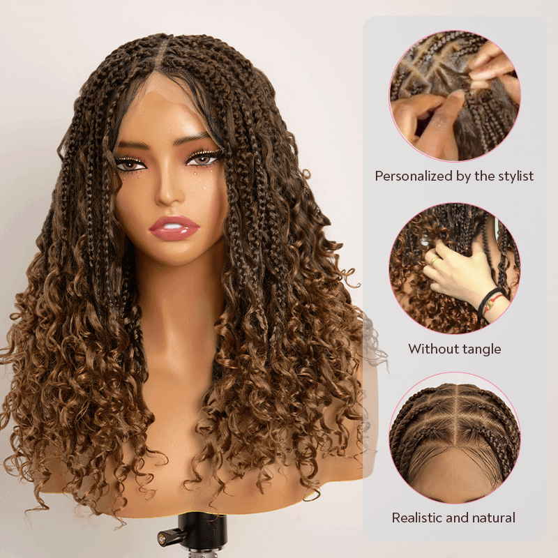 Bohemian Full Lace Braided Wig Brown Ombre with Baby Hair Synthetic 300% Density