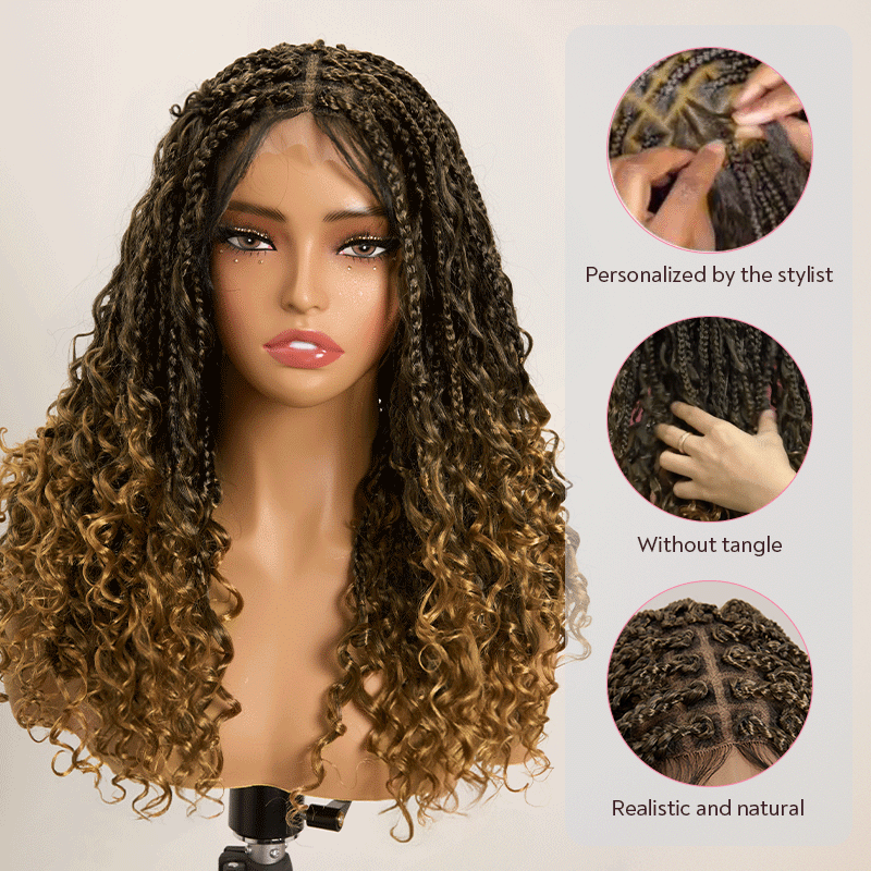 Bohemian Full Lace Braided Wig Honey Blonde Ombre with Baby Hair Synthetic 300% Density