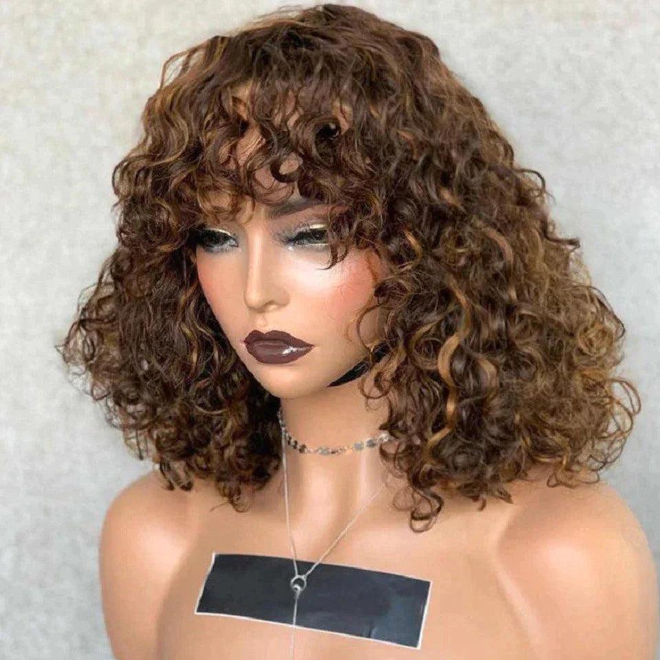 Brazilian Human Hair Wig With Bangs Jerry Curly Glueless Hair 180% Density For Black Women