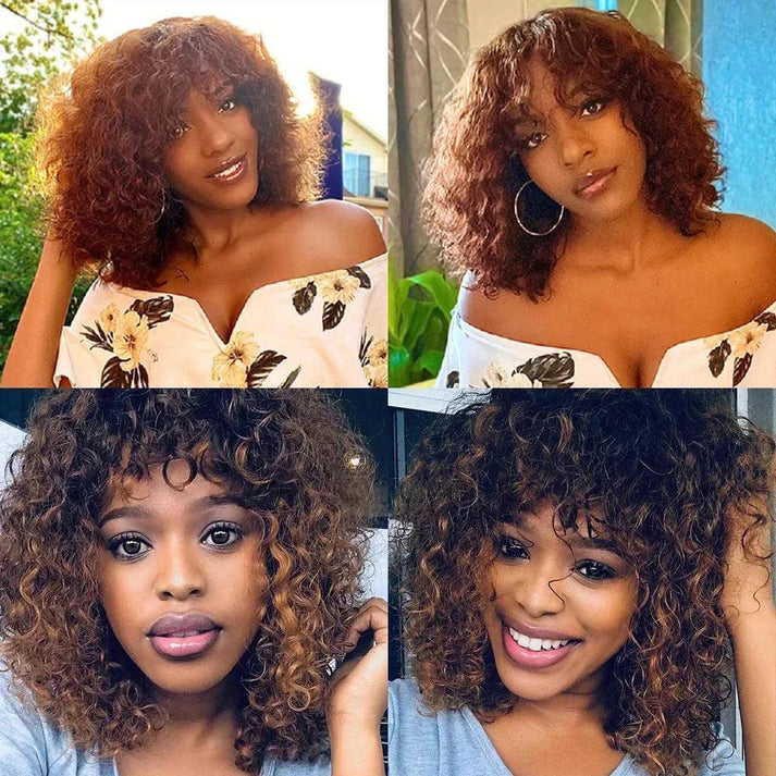 Brazilian Human Hair Wig With Bangs Jerry Curly Glueless Hair 180% Density For Black Women