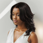 black woman wear 9x6 Glueless Natural Black Short Layered Handcraft Bob Wavy Wig