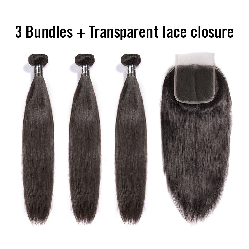 Transparent 4*4 Closure + 8A Brazilian Virgin Hair Straight 3 Bundles