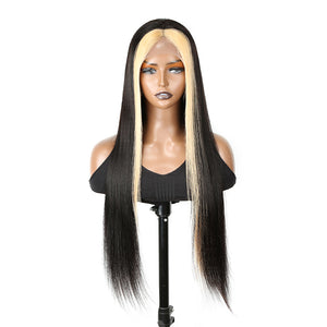 613 Blonde+ Black Skunk Stripe Colored Straight middle part 13X4 Lace Front Wig