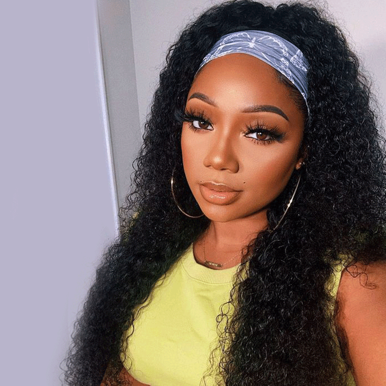 Rizado Onda profunda 180% Densidad Diadema Peluca Cabello humano Sin pegamento Sin gel