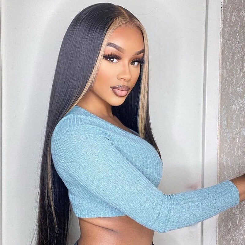 #27 Blonde+ Black Skunk Stripe Colored 13X4 Lace Front Straight Wig