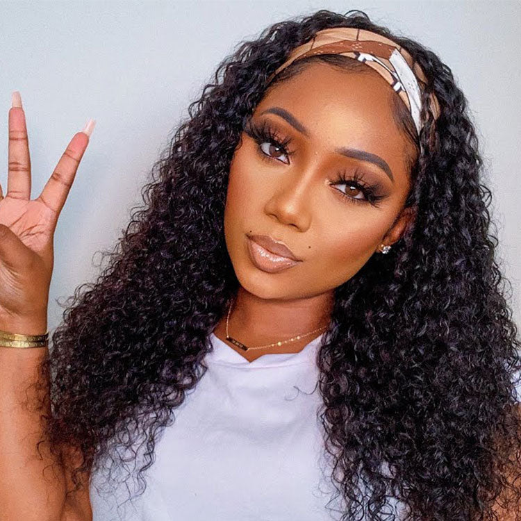 Rizado Onda profunda 180% Densidad Diadema Peluca Cabello humano Sin pegamento Sin gel