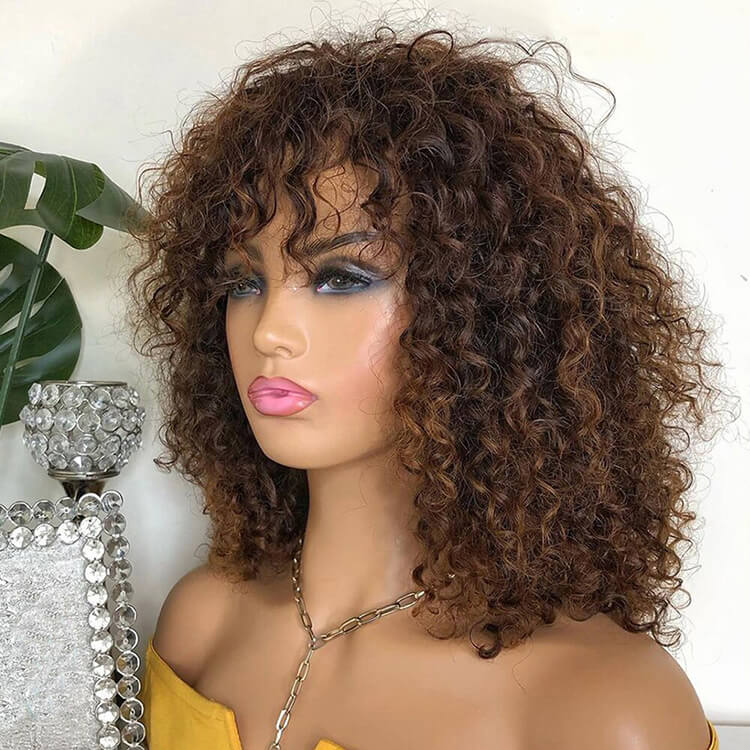 Brazilian Human Hair Wig with Bangs Brown Highlight Jerry Curly Glueless Hair 180% Density For Black Women