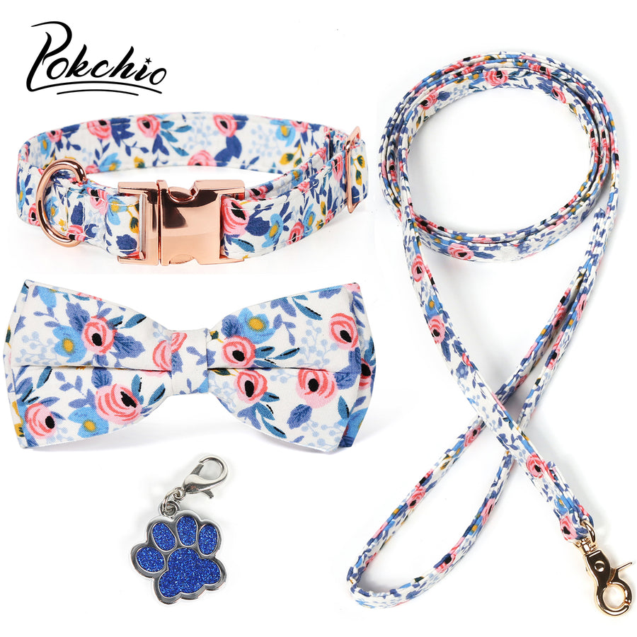Pokchio Dog Collar with Bow Tie, Dog Collar and Dog Leash Set, Adjustable Dog Bow Tie Collar with Dog Tag & Metal Buckle for Small Medium Dogs.
