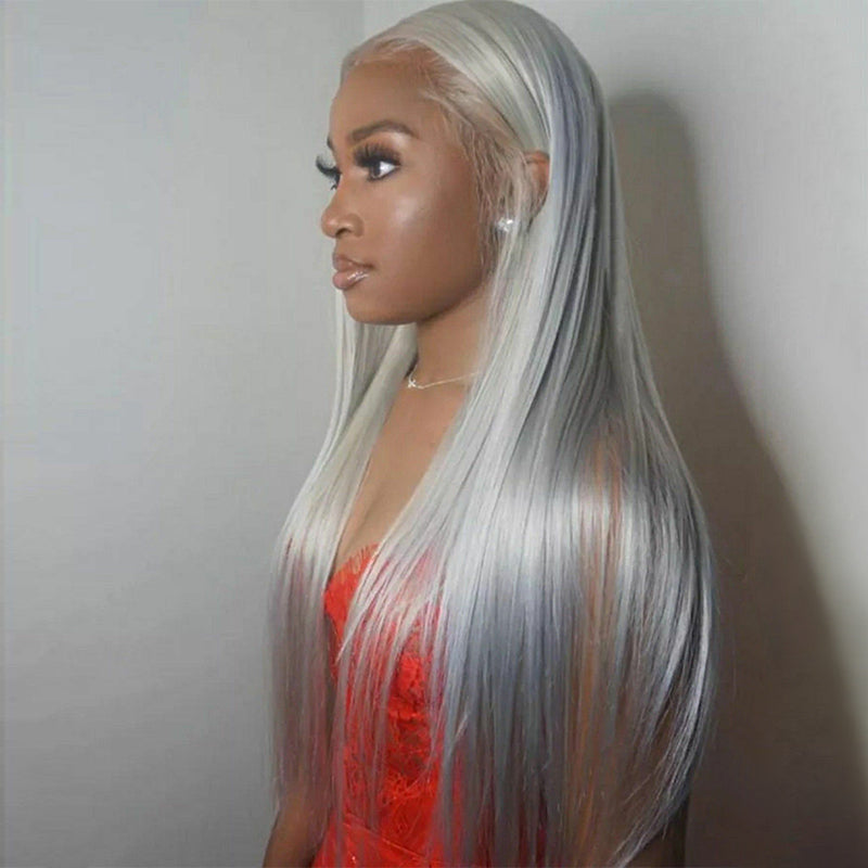Ash Gray Colored 13×4 Transparent Lace Front Wig Straight Hair 200% density