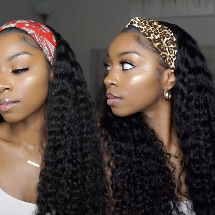 Rizado Onda profunda 180% Densidad Diadema Peluca Cabello humano Sin pegamento Sin gel