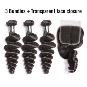 Transparent 4*4 Closure + 8A Brazilian Virgin Hair Loose Wave 3 Bundles